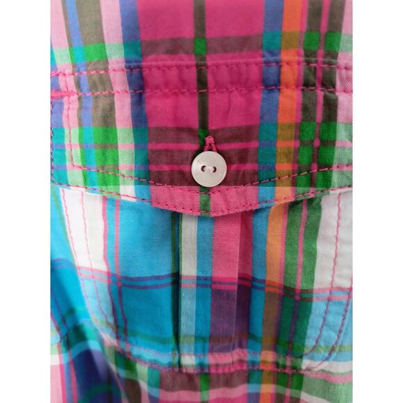 Tommy Hilfiger Button Up Blouse Women's Sz M Multicolor Plaid Roll Tab Sleeve - Picture 8 of 12